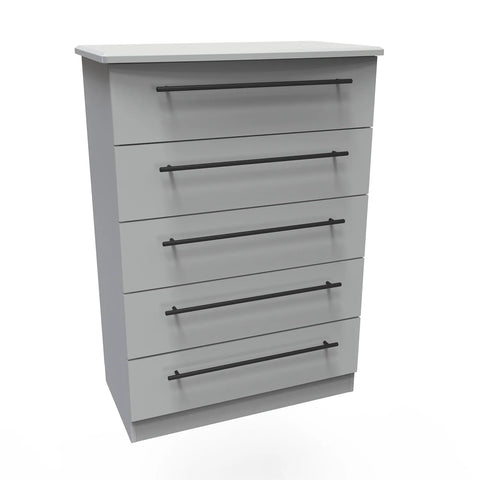 Bedroom Furniture Beverly Grey 5 Drawer Chest, Long Black Door Handles, Available in 3 Colours, Grey, White and Kashmir. Quick Delivery, Comes Assembled - Angled view
