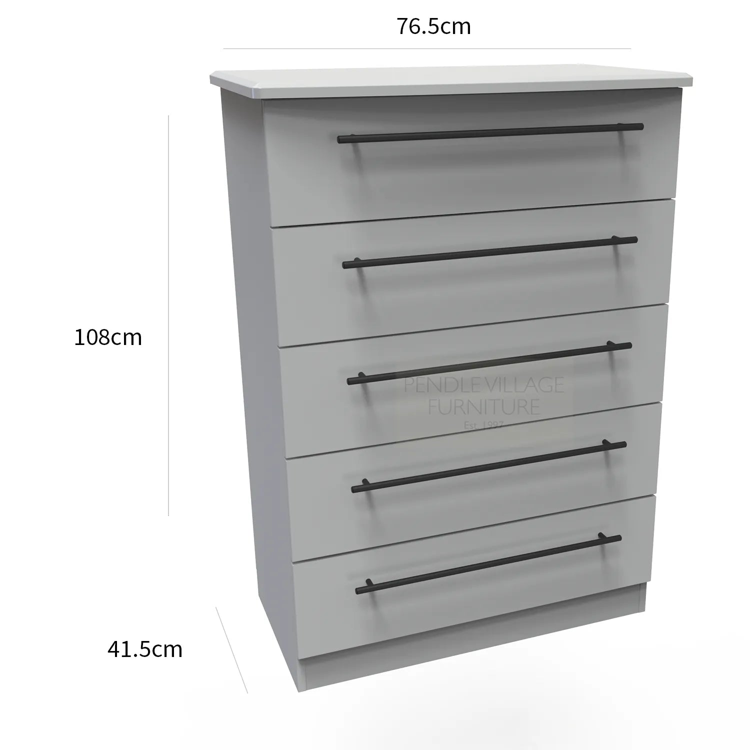 Bedroom Furniture Beverly Grey 5 Drawer Chest, Long Black Door Handles, Available in 3 Colours, Grey, White and Kashmir. Quick Delivery, Comes Assembled - Dimensions