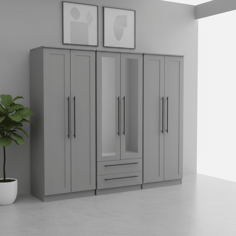 Beverly 6 Door Wardrobe with Mirror & Drawers
