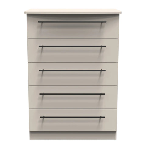 Bedroom Furniture Beverly Kashmir 5 Drawer Chest, Long Black Door Handles, Available in 3 Colours, Grey, White and Kashmir. Quick Delivery, Comes Assembled - Front view