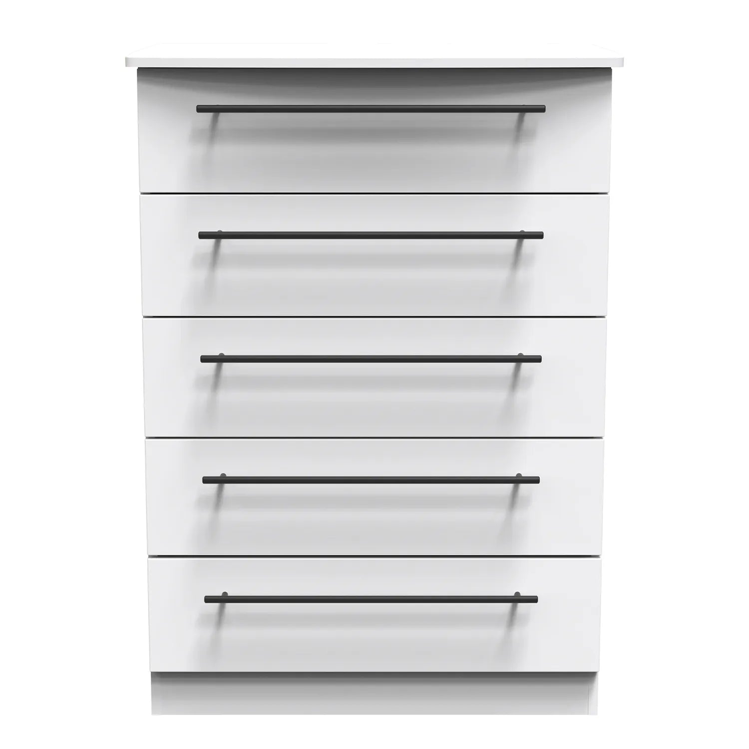 Bedroom Furniture Beverly White 5 Drawer Chest, Long Black Door Handles, Available in 3 Colours, Grey, White and Kashmir. Quick Delivery, Comes Assembled - Angled view