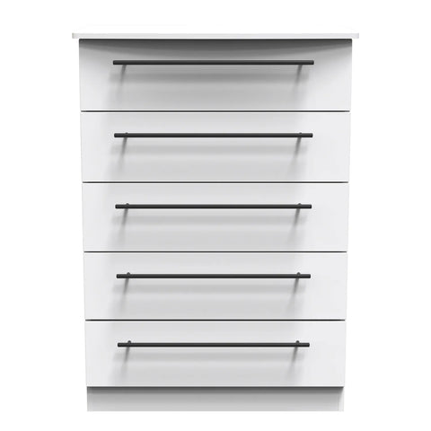 Bedroom Furniture Beverly White 5 Drawer Chest, Long Black Door Handles, Available in 3 Colours, Grey, White and Kashmir. Quick Delivery, Comes Assembled - Angled view