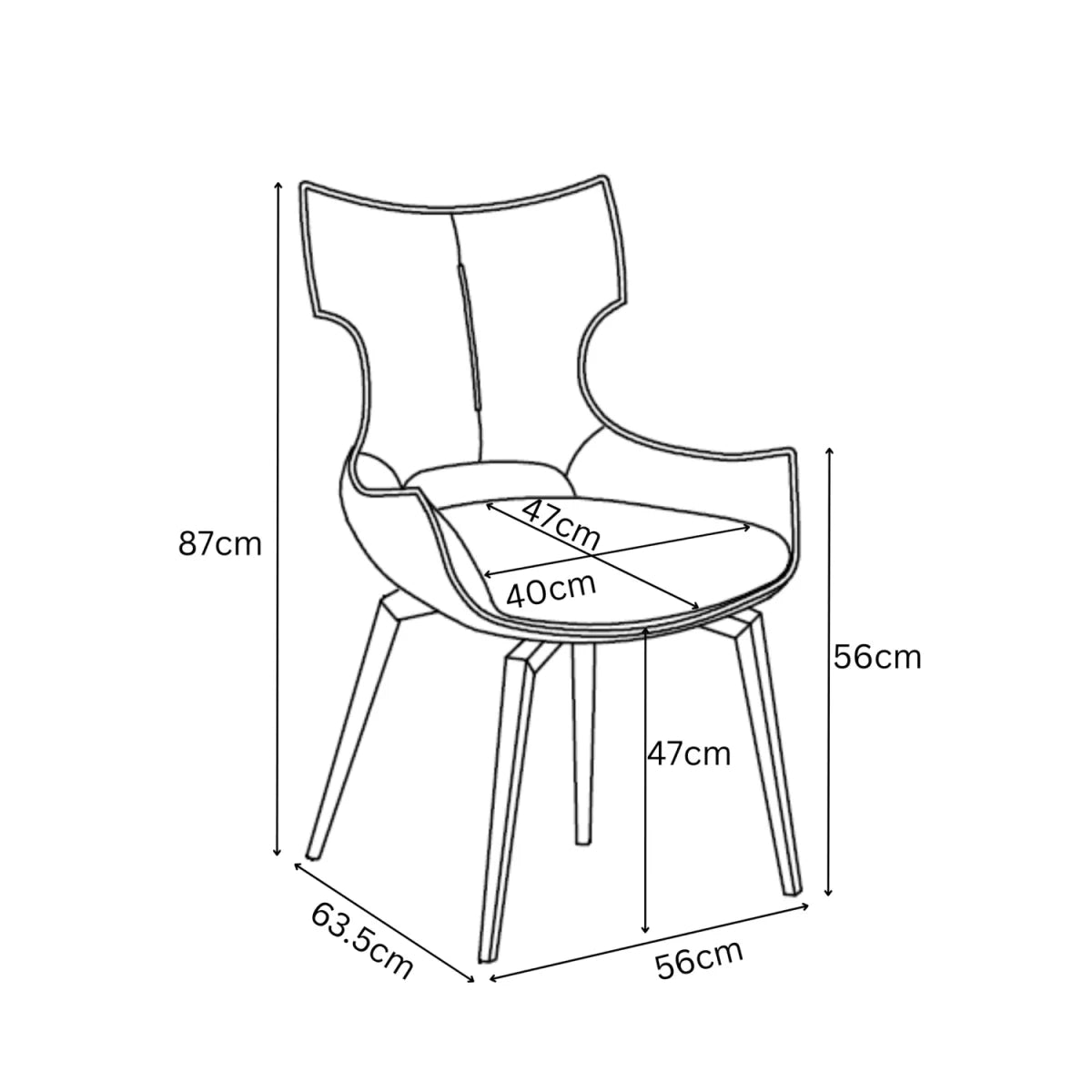 Black and white line drawing schematic of a modern high-back Westin Rafaello dining chair with dimension labels and measurements.