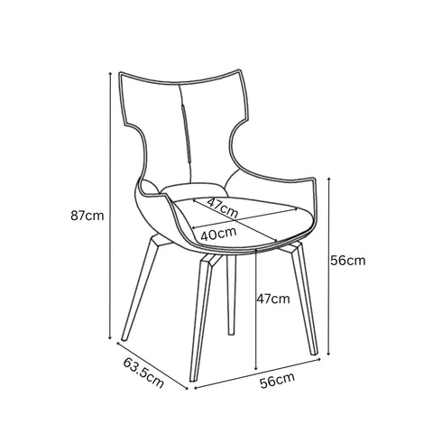 Black and white line drawing schematic of a modern high-back Westin Rafaello dining chair with dimension labels and measurements.