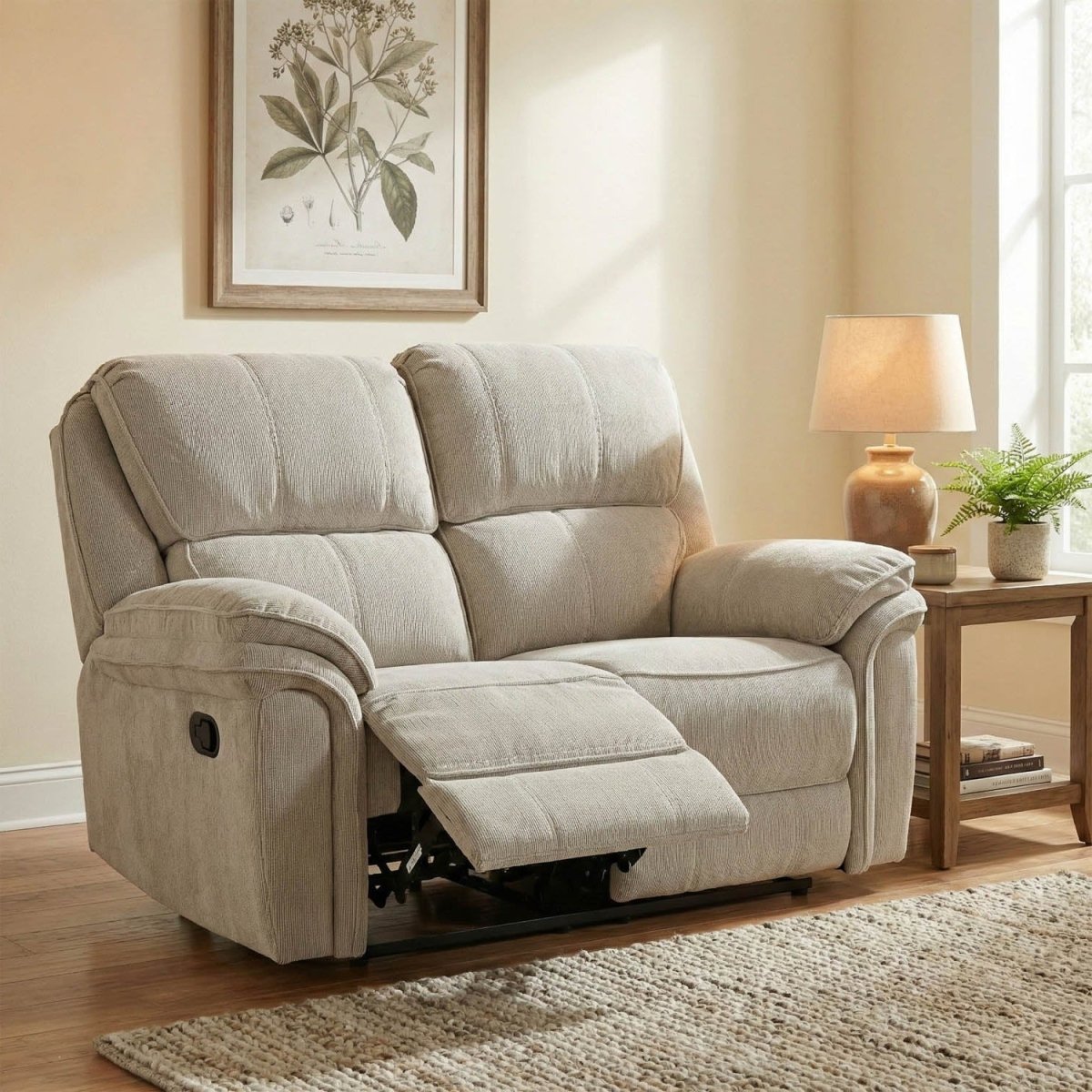 Beige recliner sofa in a living room setting with a lamp and plant.