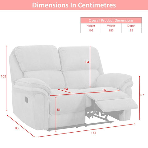 Recliner 2 Seater sofa dimension diagram showing  with red measurement lines and labels indicating height, width, and depth in centimeters, plus a small overall product dimensions table at the top right.