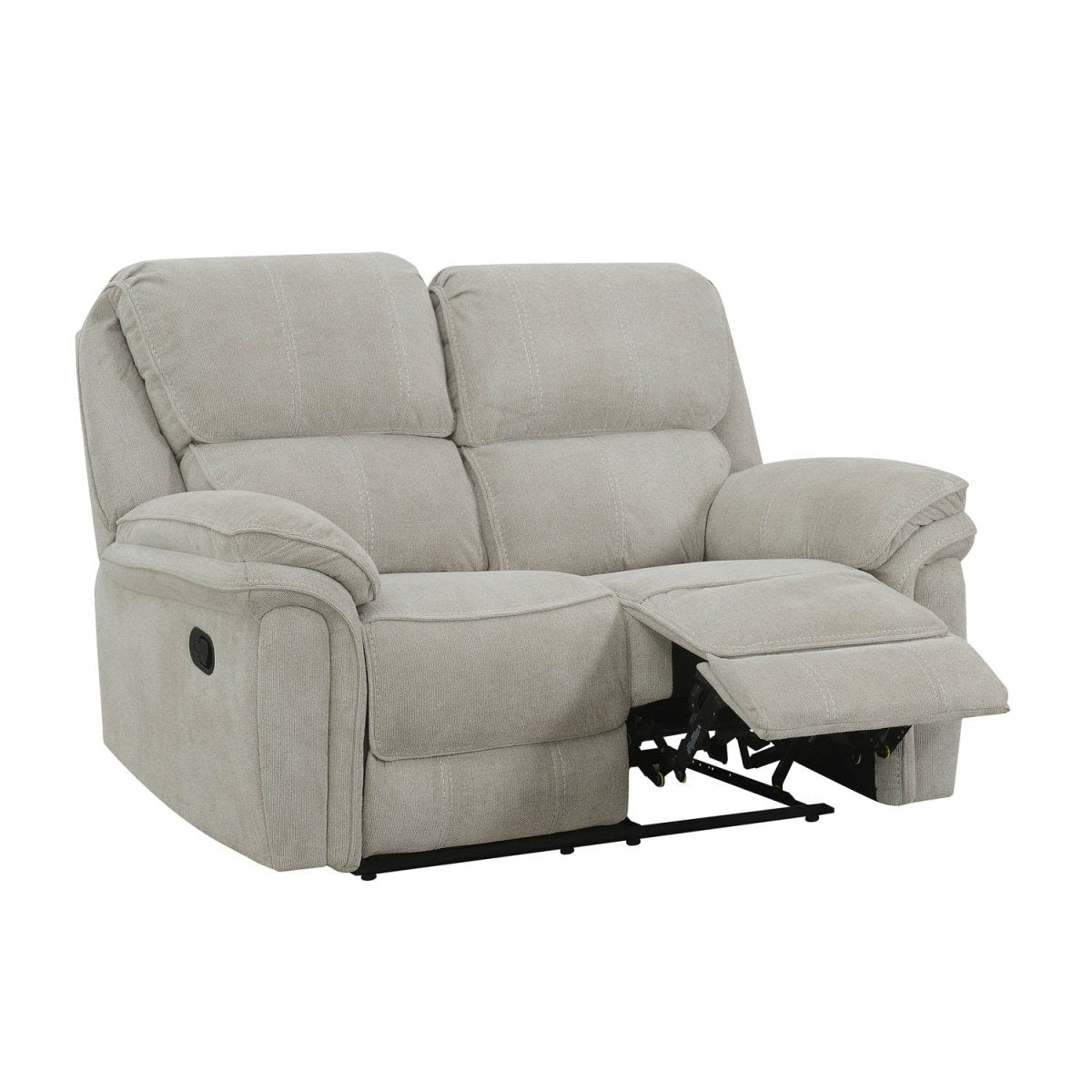 A light beige upholstered reclining sofa with both seats extended and a footrest on the right, shown on a plain white background.