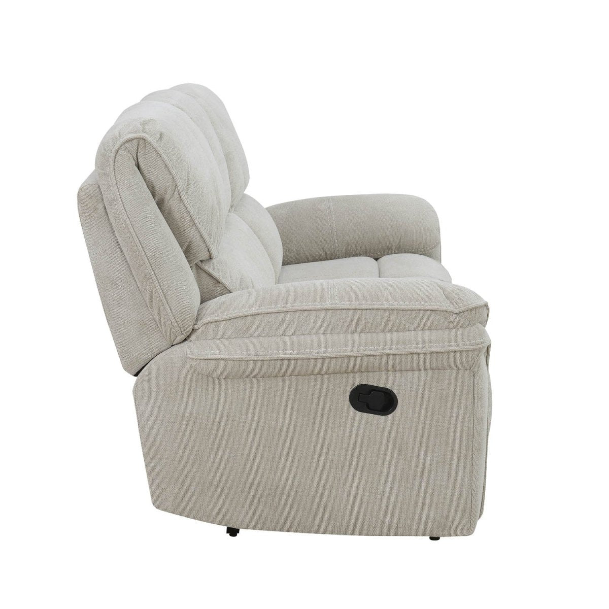 A light beige upholstered recliner Sofashown from a side angle against a plain white background.