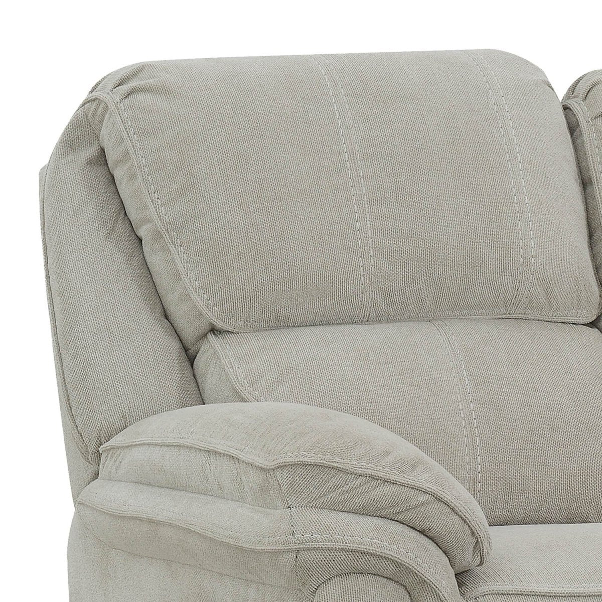 Close-up of a light gray upholstered recliner sofa showing the backrest cushion, armrest, and fabric texture against a white background.