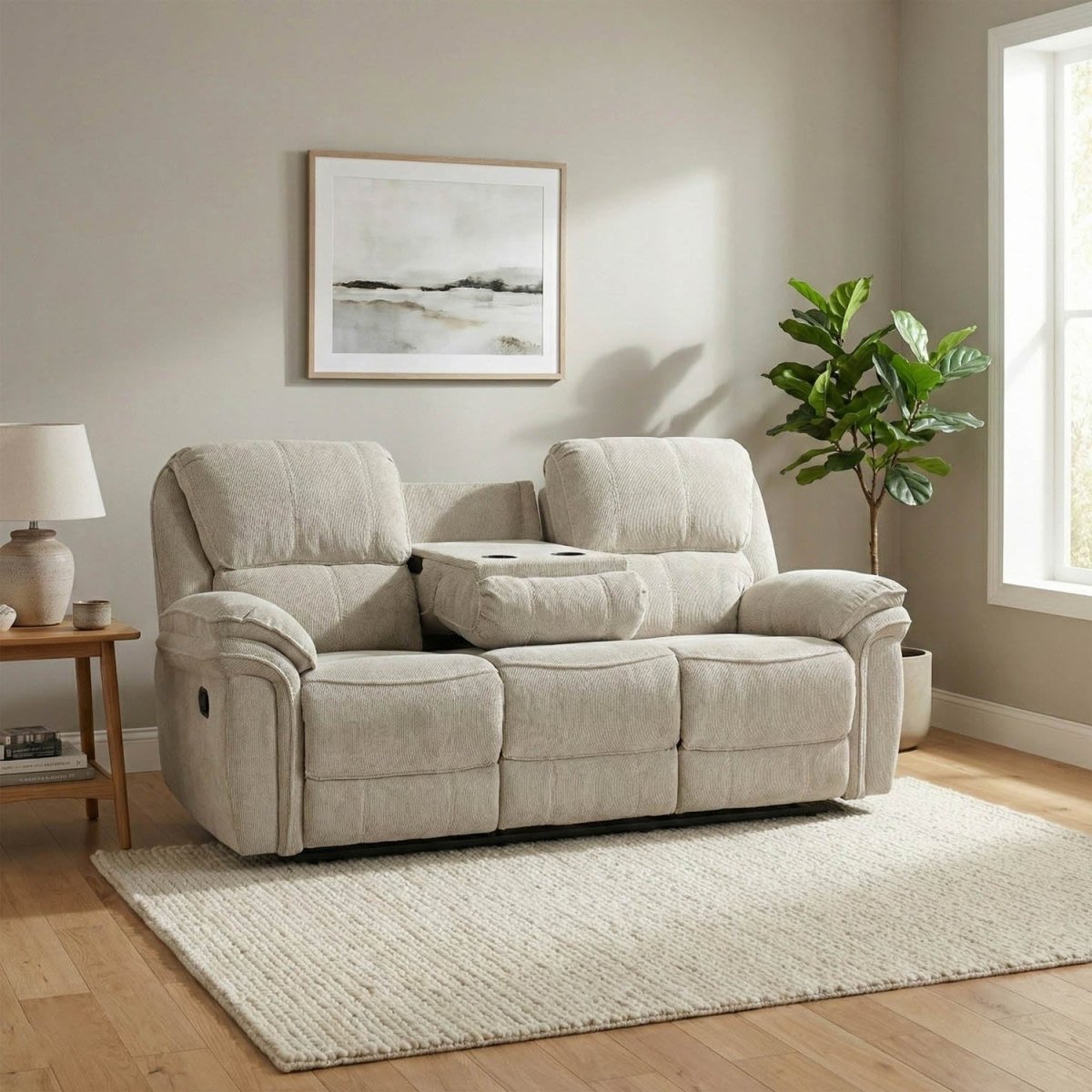 Beige recliner sofa in a living room with a rug, plant, and framed picture on the wall.