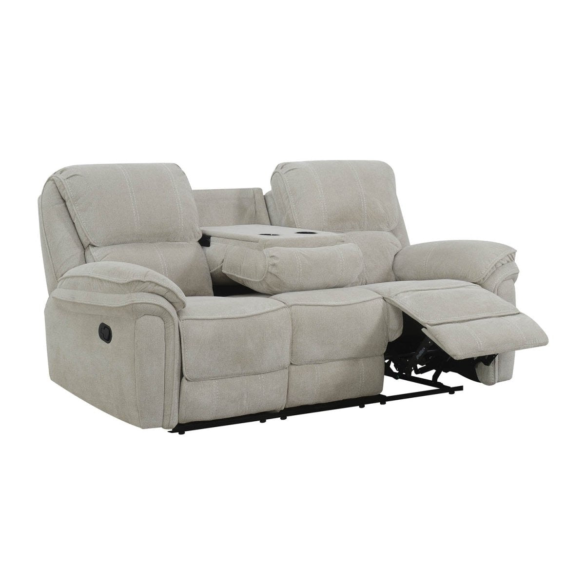 A  beige fabric reclining 3 seater sofa with a centre console table and an extended right footrest, shown on a plain white background.