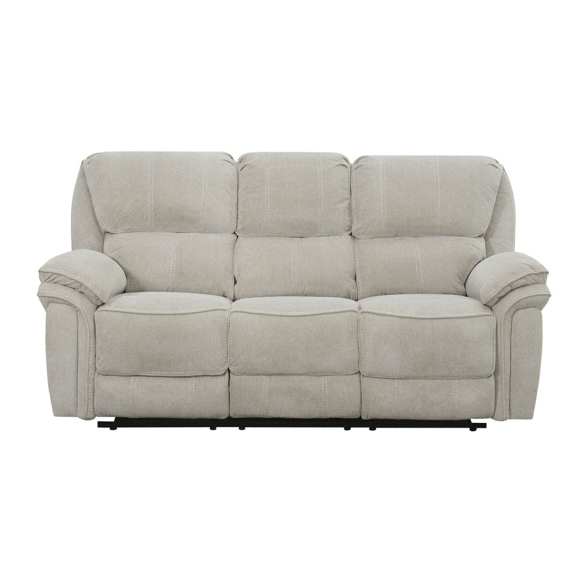 A three-seat reclining sofa upholstered in cream textured fabric, shown from a front-facing perspective against a plain white background.