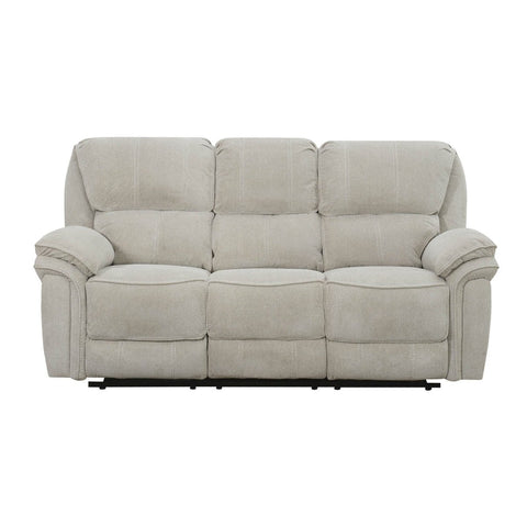 A three-seat reclining sofa upholstered in cream textured fabric, shown from a front-facing perspective against a plain white background.