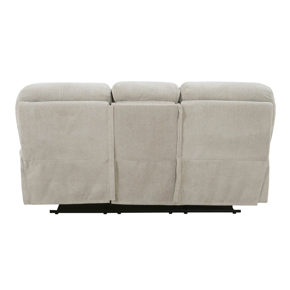 A three-seat reclining power sofa upholstered in a light beige textured fabric, shown from the back against a solid white background.