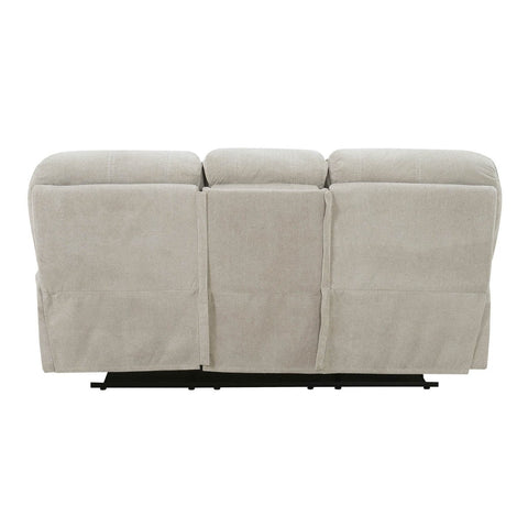 A three-seat reclining power sofa upholstered in a light beige textured fabric, shown from the back against a solid white background.