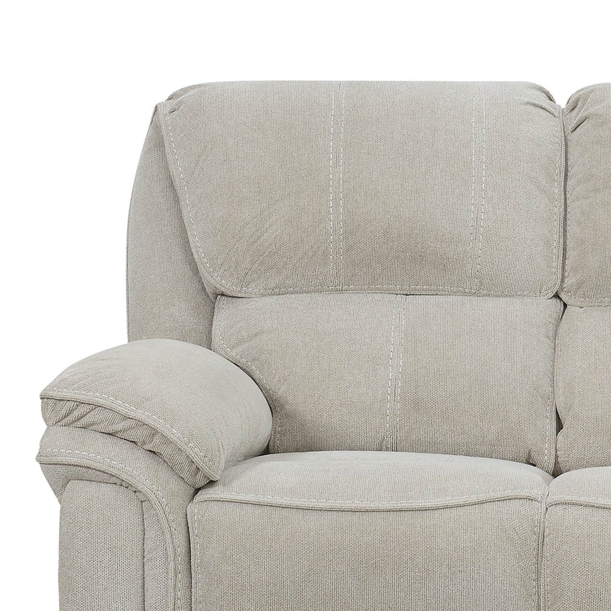 Close-up of a light beige upholstered recliner 3 seater sofa showing the backrest, armrest, and seat cushion on a white background.