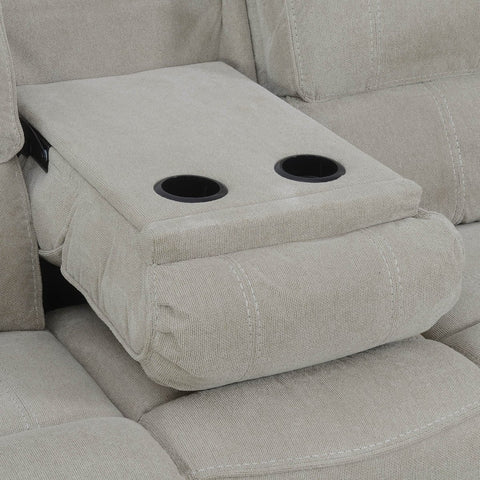 Close-up of a light beige upholstered recliner Sofa, showing Middle Seat Down  with two black circular cup holders on top, set against matching fabric seat and back cushions.