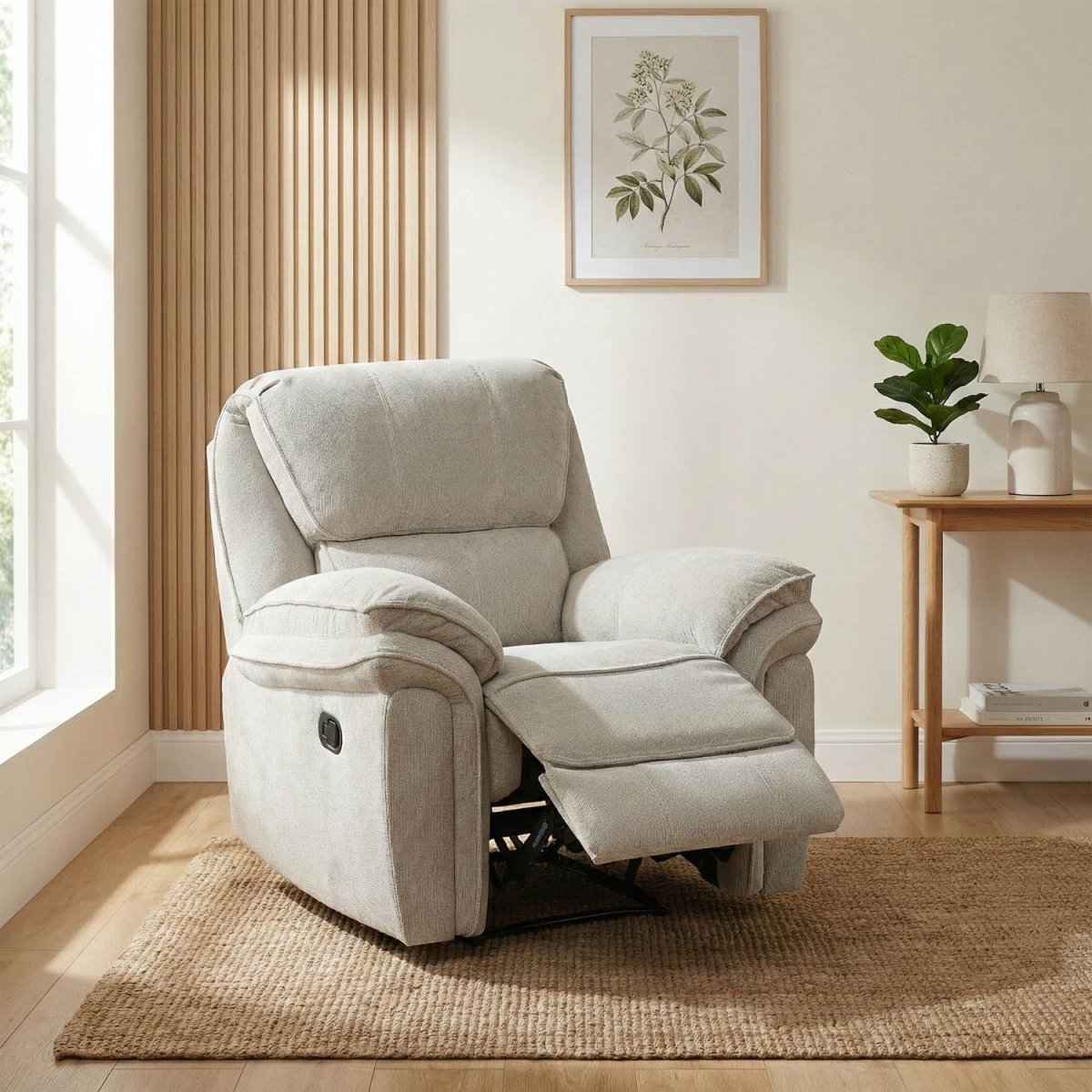 Beige Manual recliner chair in a living room setting with a plant and side table.
