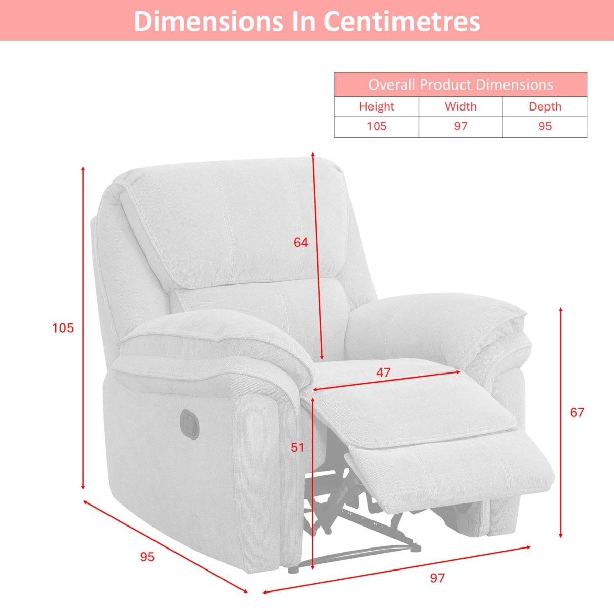 Westminister Beige Fabric recliner chair shown with red dimension lines and a small dimension table at the top, labeled with overall product dimensions in centimetres.