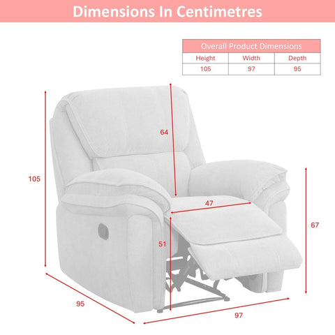 Westminister Beige Fabric recliner chair shown with red dimension lines and a small dimension table at the top, labeled with overall product dimensions in centimetres.