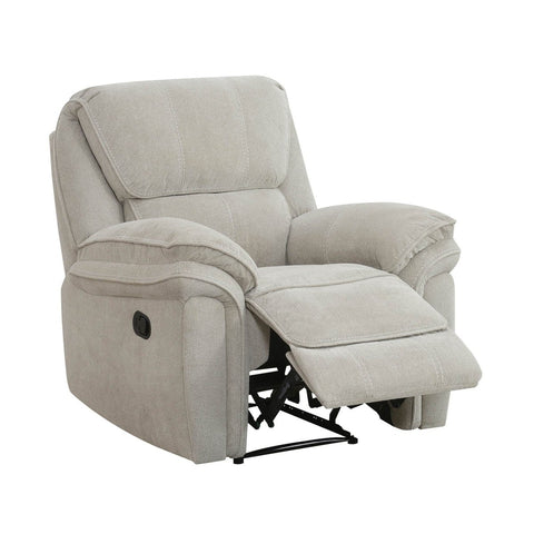A light beige upholstered recliner chair with the footrest extended, shown on a plain white background.