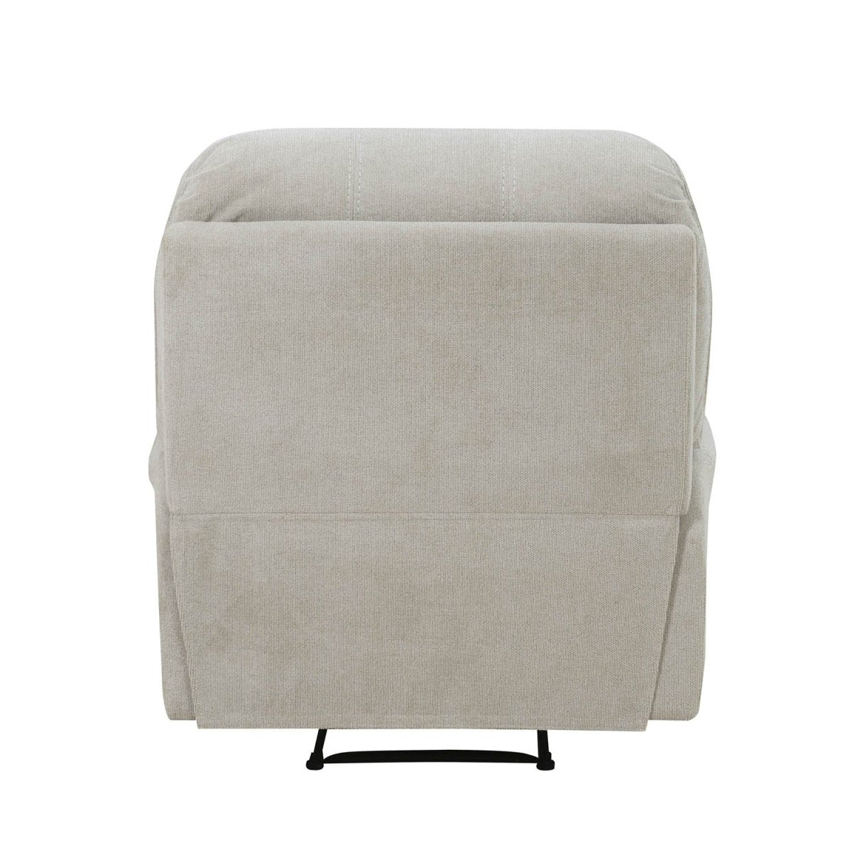 A light beige upholstered recliner chair shown from the back, featuring a high back and a small black metal support frame at the base, isolated on a white background.