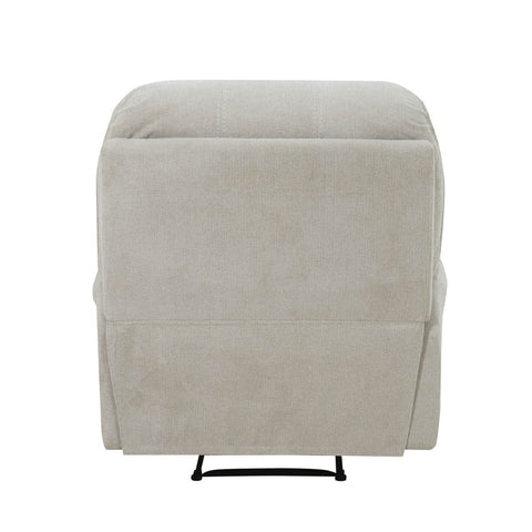 A light beige upholstered recliner chair shown from the back, featuring a high back and a small black metal support frame at the base, isolated on a white background.