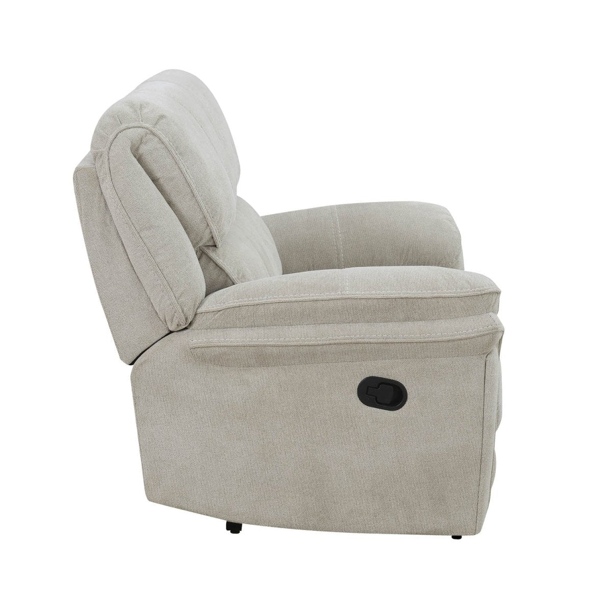 A light beige upholstered recliner chair shown from a side angle against a plain white background.