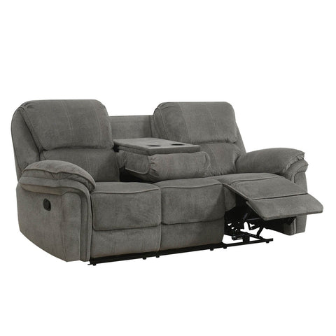 Westminister Gray recliner sofa with cup holders on a white background