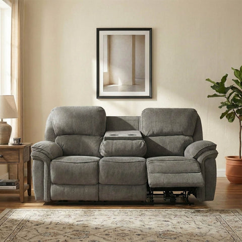 Gray recliner sofa in a living room setting with a framed picture and plant.