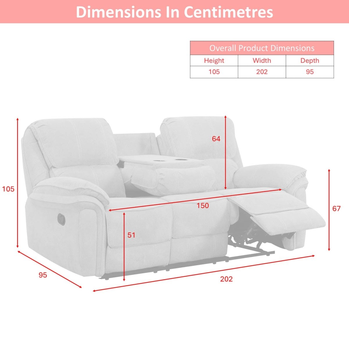 Product dimension diagram showing a white reclining loveseat with red measurement lines and labels, plus a small table at the top reading Overall Product Dimensions with height 105, width 202, and depth 95.