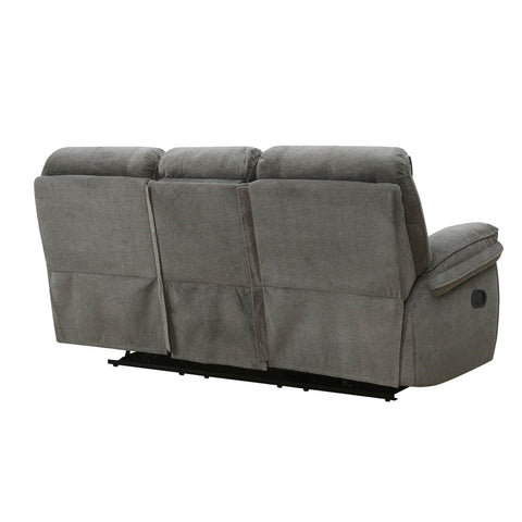 Gray fabric reclining power sofa shown from the side against a plain white background.