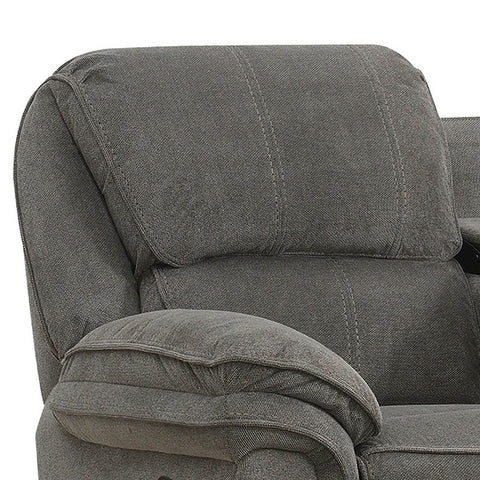 Close-up of a gray upholstered recliner chair showing the backrest cushion, armrest, and fabric texture against a plain white background.