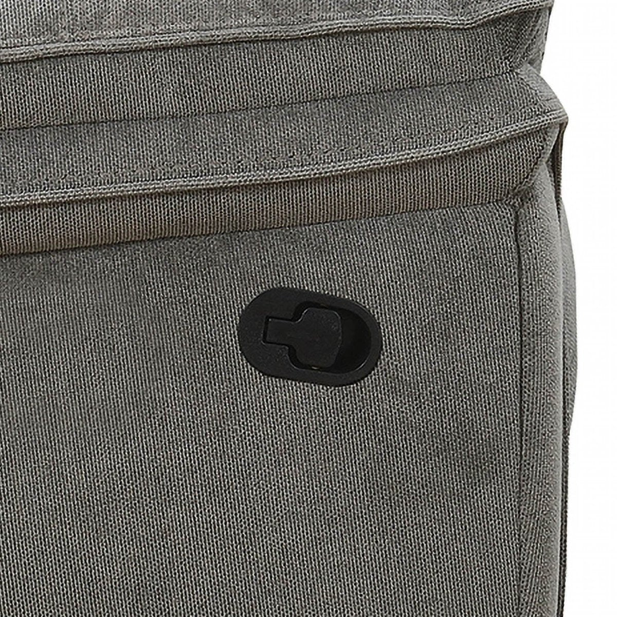 Close-up of a gray textured fabric item with a black oval snap-button closure, shown against a white background.