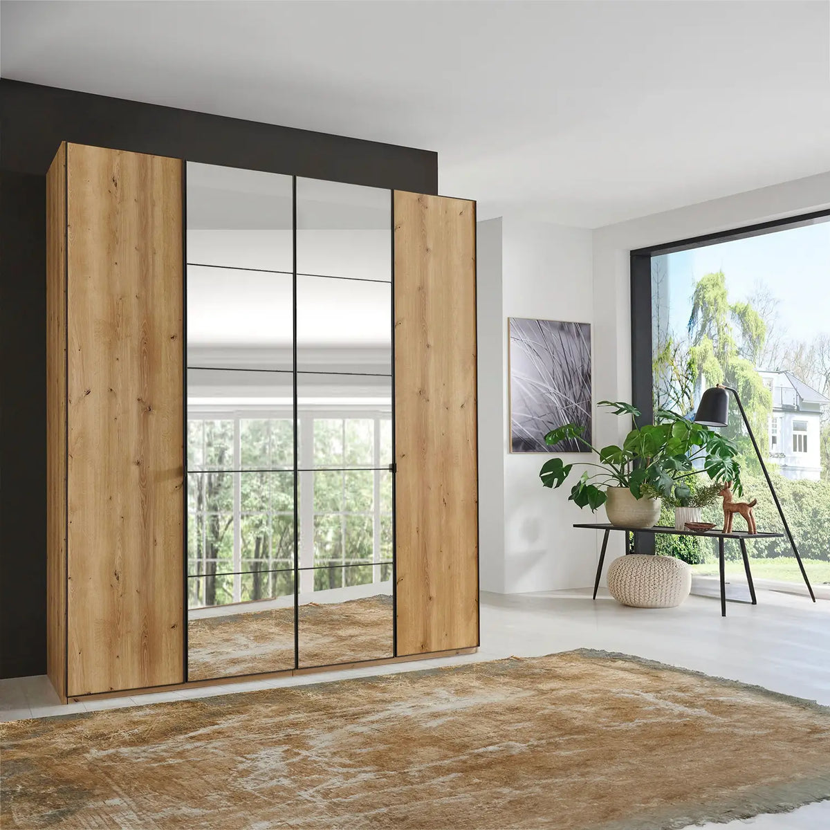 Zenith 200cm 4 Door Hinged Bianco Oak Mirrored Wardrobe - Pendle Village Furniture