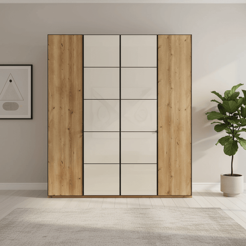 Zenith 200cm 4 Door Hinged Wardrobe Bianco Oak with Champagne Glass