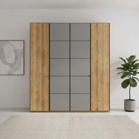 Zenith 200cm 4 Door Hinged Wardrobe Bianco Oak with Havana Glass