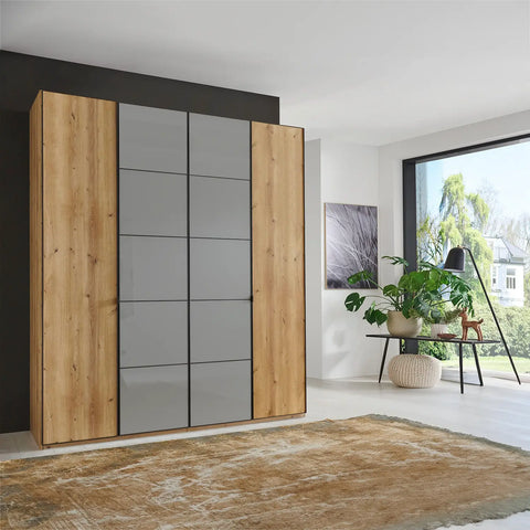 Zenith 200cm 4 Door Hinged Wardrobe Bianco Oak with Havana Glass - Pendle Village Furniture