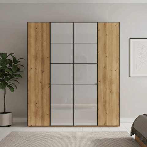 Zenith 200cm 4 Door Hinged Wardrobe Bianco Oak with Pebble Grey Glass