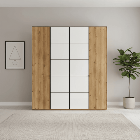 Zenith 200cm 4 Door Hinged Wardrobe Bianco Oak with White Glass
