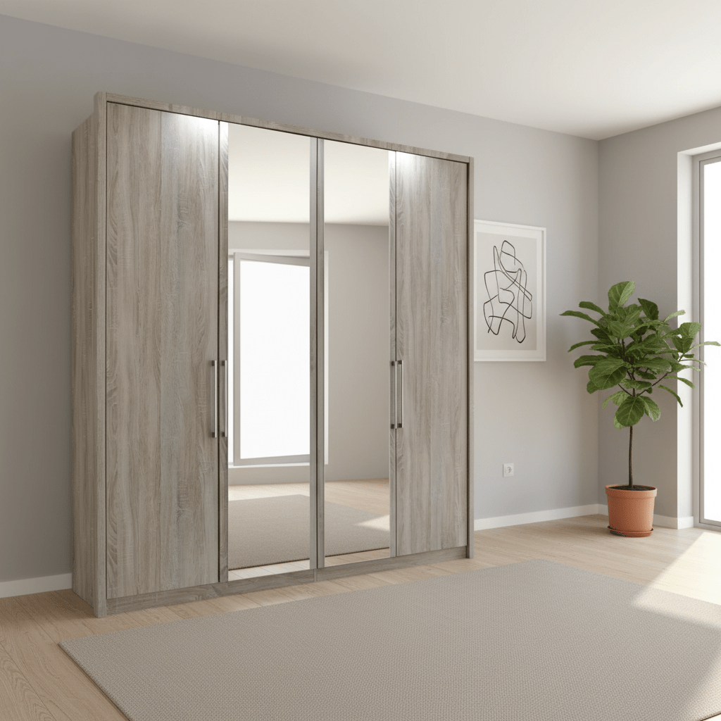 Wiemann Bristol Rustic Oak and Mirror Front 4 Door Wardrobe
