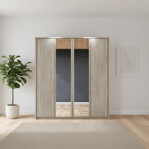 Wiemann Bristol Rustic Oak and Mirror Front 4 Door Wardrobe