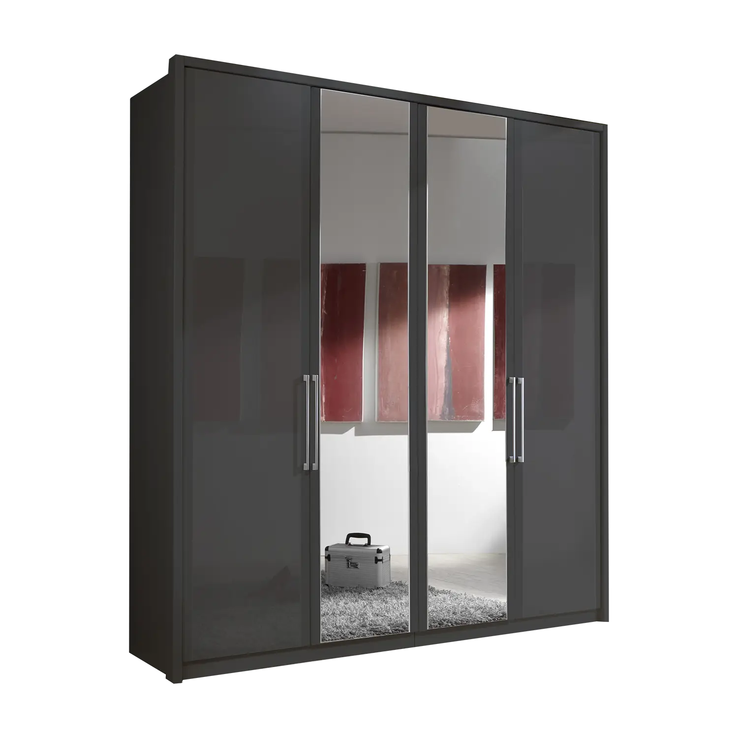 Image of Wiemann Bristol 4 Door Wardrobe with Graphite Carcase. Option of Matt or Glass finish on side doors, with middle doors featuring mirror pads. Dimensions: Width 200cm, Height 216cm, Depth 58cm. Free Delivery and Assembly. 12 months interest-free pay monthly available. - Main Image