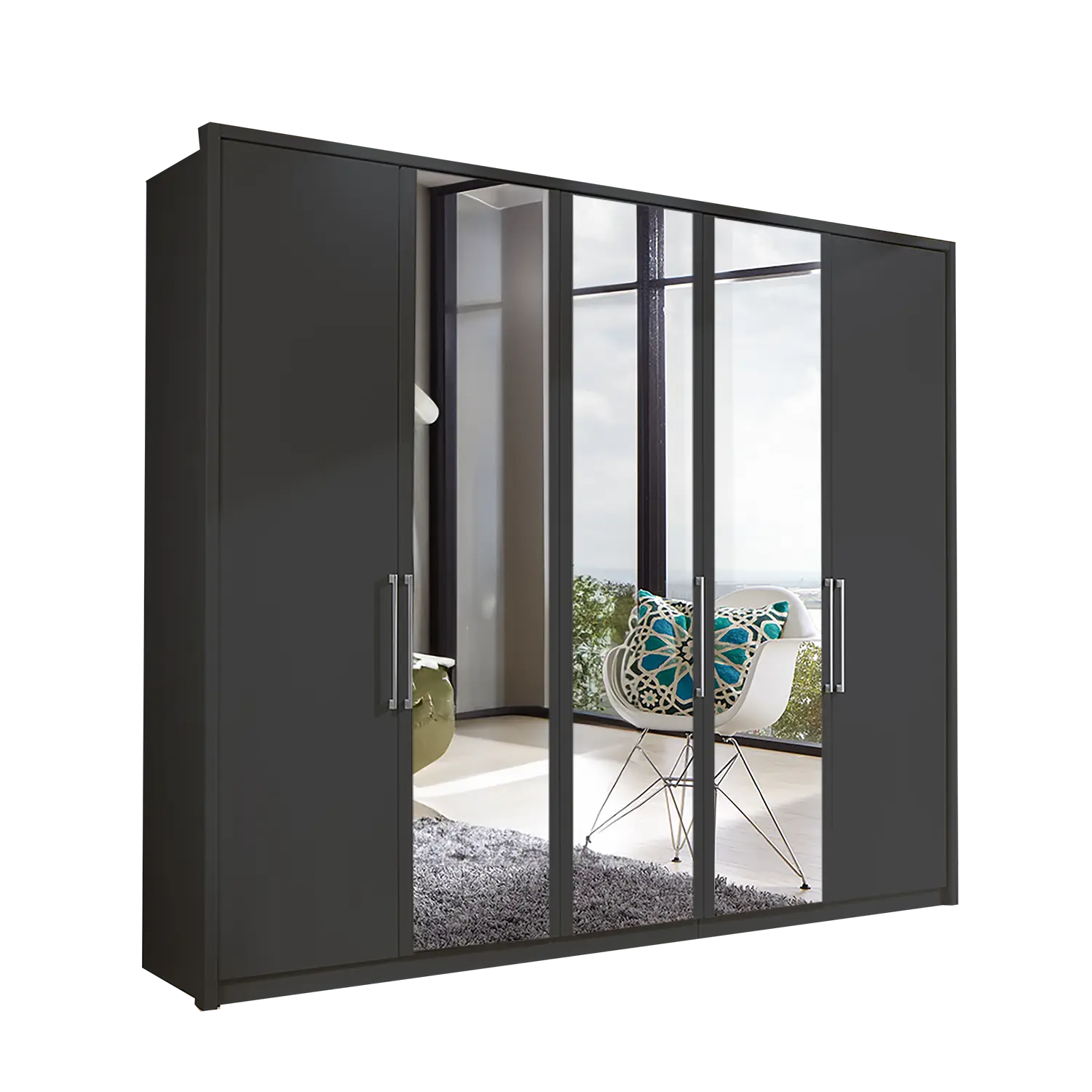 Image of Wiemann Bristol 5 Door Wardrobe with Graphite Carcase. Option of Matt or Glass finish on side doors, with middle doors featuring mirror pads. Dimensions: Width 250cm, Height 216cm, Depth 58cm. Free Delivery and Assembly. 12 months interest-free pay monthly available. - White Background