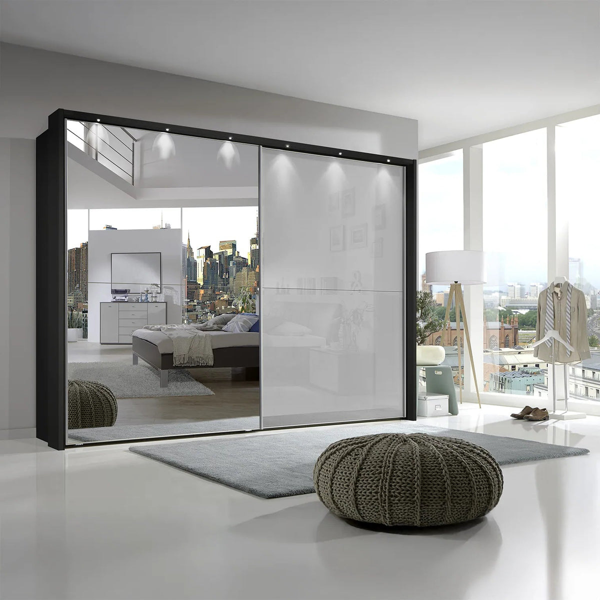 Wiemann Bristol Graphite and White Glass Sliding Door Wardrobe with Mirror - Pendle Village Furniture
