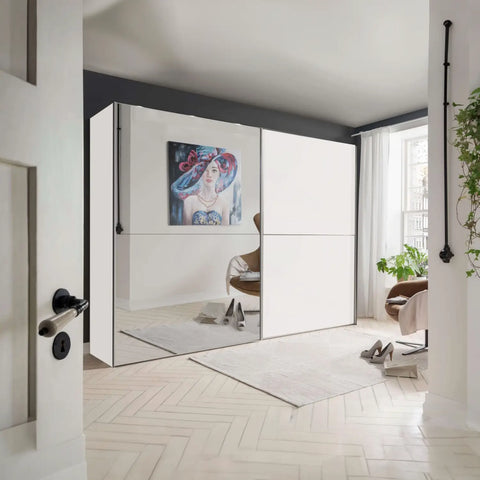 Wiemann Bristol White Sliding Door Wardrobe With Mirror, We will Deliver and assemble the wardrobe. Available in 4 Width Sizes 150cm, 200cm, 250cm and 300cm height is 217cm - Matt Front Wardrobe 