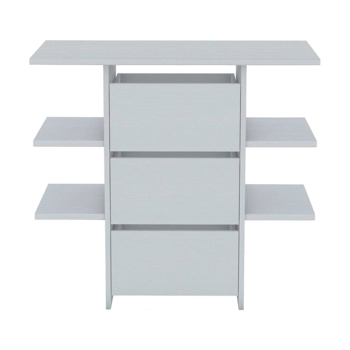 A light gray three-drawer cabinet with open side shelves, shown from a front-facing angle against a plain white background.
