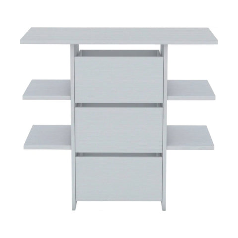 A light gray three-drawer cabinet with open side shelves, shown from a front-facing angle against a plain white background.