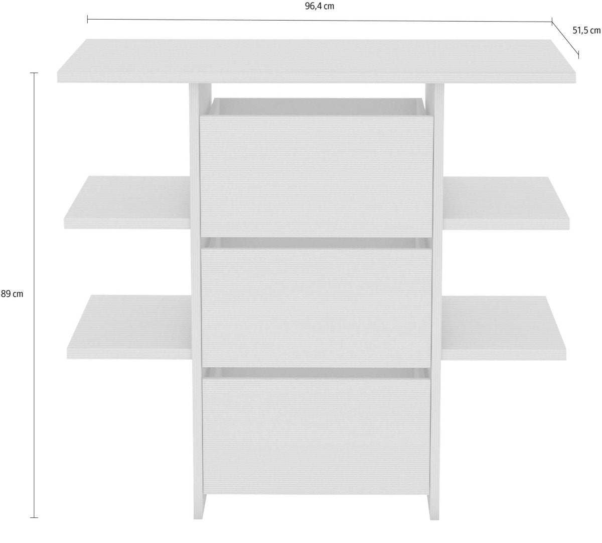 White three-drawer storage cabinet with three open side shelves, shown with dimension lines and measurements: 96.4 cm width, 51.