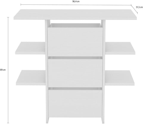 White three-drawer storage cabinet with three open side shelves, shown with dimension lines and measurements: 96.4 cm width, 51.